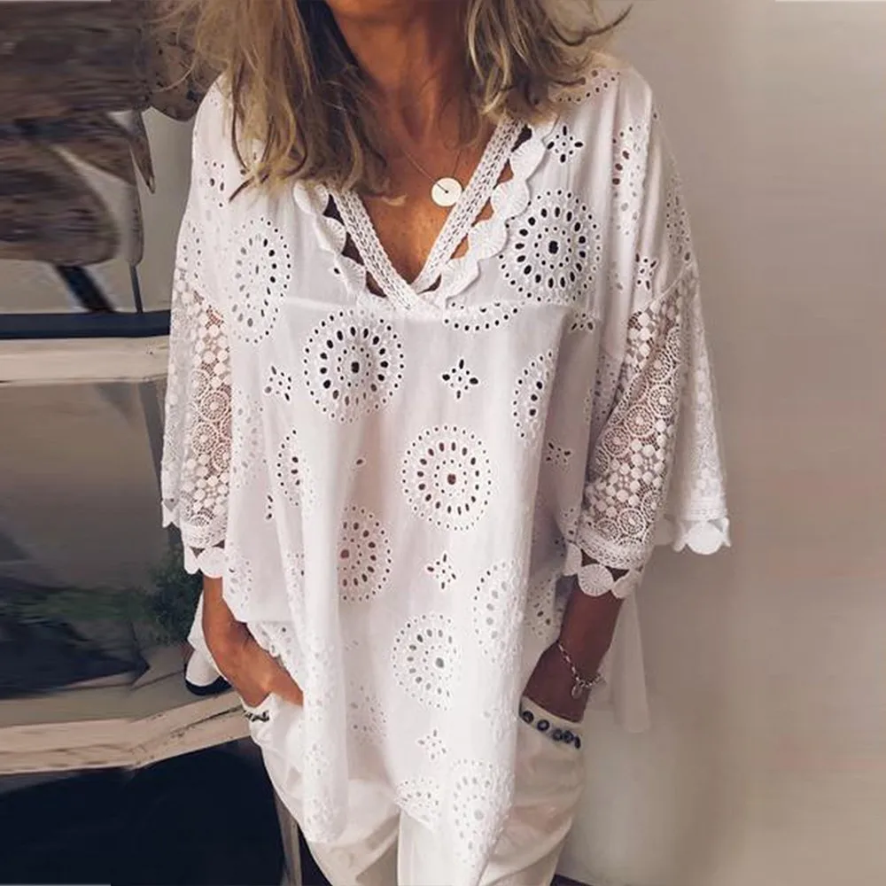 Casual Lace Hollow Out Blouse Women 2019 Summer V Neck Long Sleeve Tunic Solid Cotton Female Blusas Shirts Plus Size 5XL | Женская