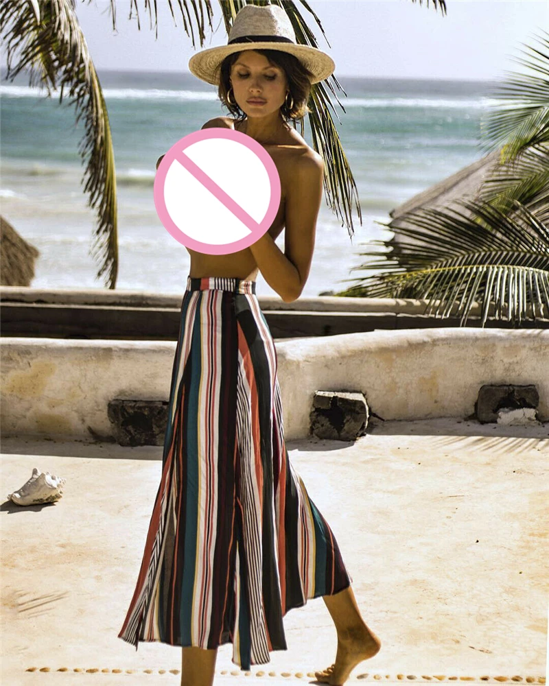 

Women Boho Elastic Waist Striped Skirt Maxi Summer Beach Long Casual Skirt