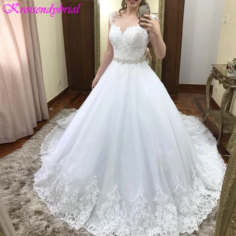 QFS086 Vestidos De Noiva бальные платья с бисером и поясом свадебные роскошное кружевное