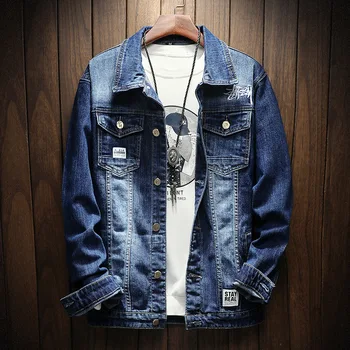 

YuWaiJiaRen Denim Jackets Men Blue Vintage Casual Long Sleeve Retro Breasted Embroidered Pattern Denim Jacket Male Cowboy