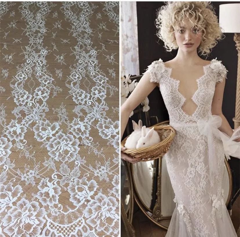 

Off White 150 CM x 300 CM High end lace fabric wedding dress embroidered french Chantilly lace fabric DIY sewing material
