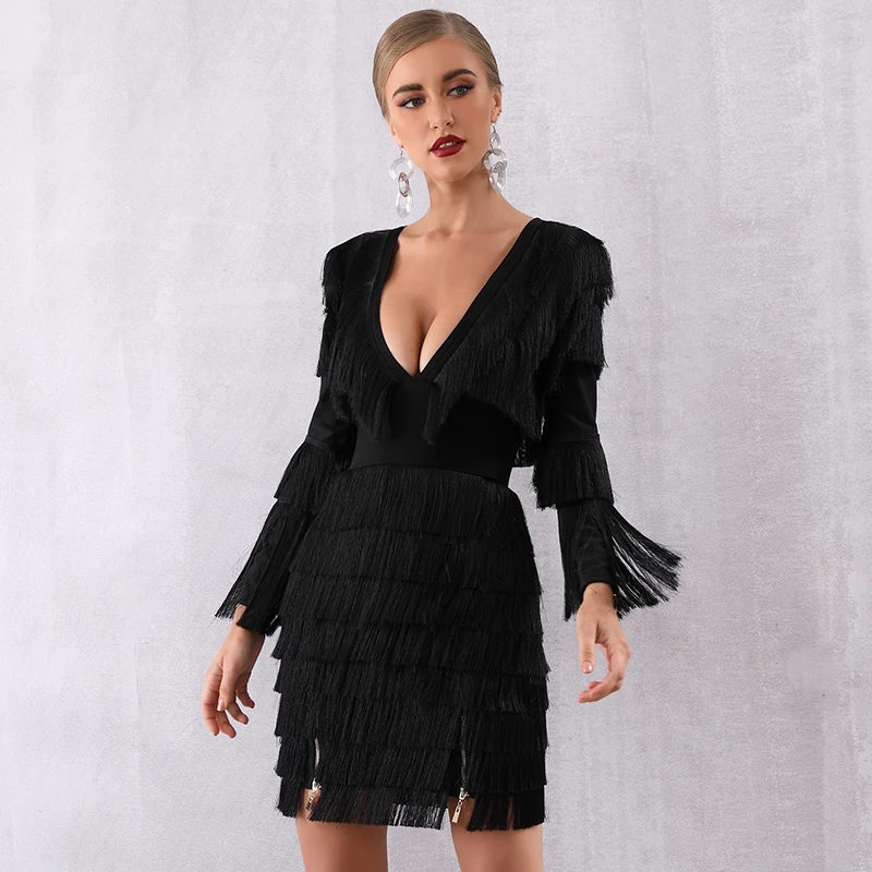 

Women's New Products 2019 Summer Celebrity Party Black White Long Sleeve V-neck Fringe Mini Bandage Dress Vestidos Sexy Fashion