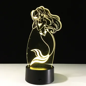 

2019 Little Mermaid Ariel 3D Vision Acrylic 7 Color Changing USB Bedroom Bedside Nightlight Creative Desk Lamp Decoracao casa