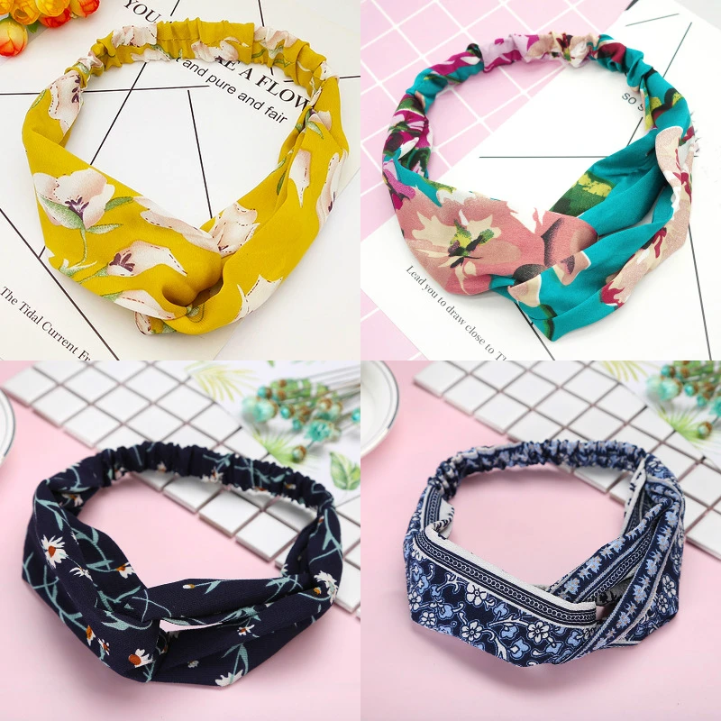 

Summer Chiffon Headband Women Hair Accessories 2019 Turban Twist Cross Hairband Headwrap Girls Flower Striped Knot Hair Band