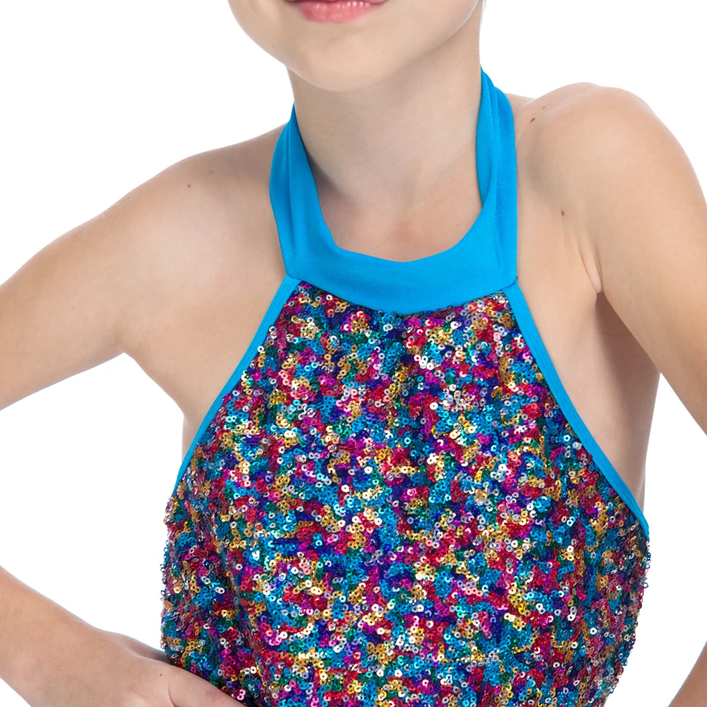 Детское танцевальное платье-трико, синяя юбка цвета металлик, разноцветное платье с блестками и корсетом, костюм для выступлений для девочек, Детский джазовый костюм