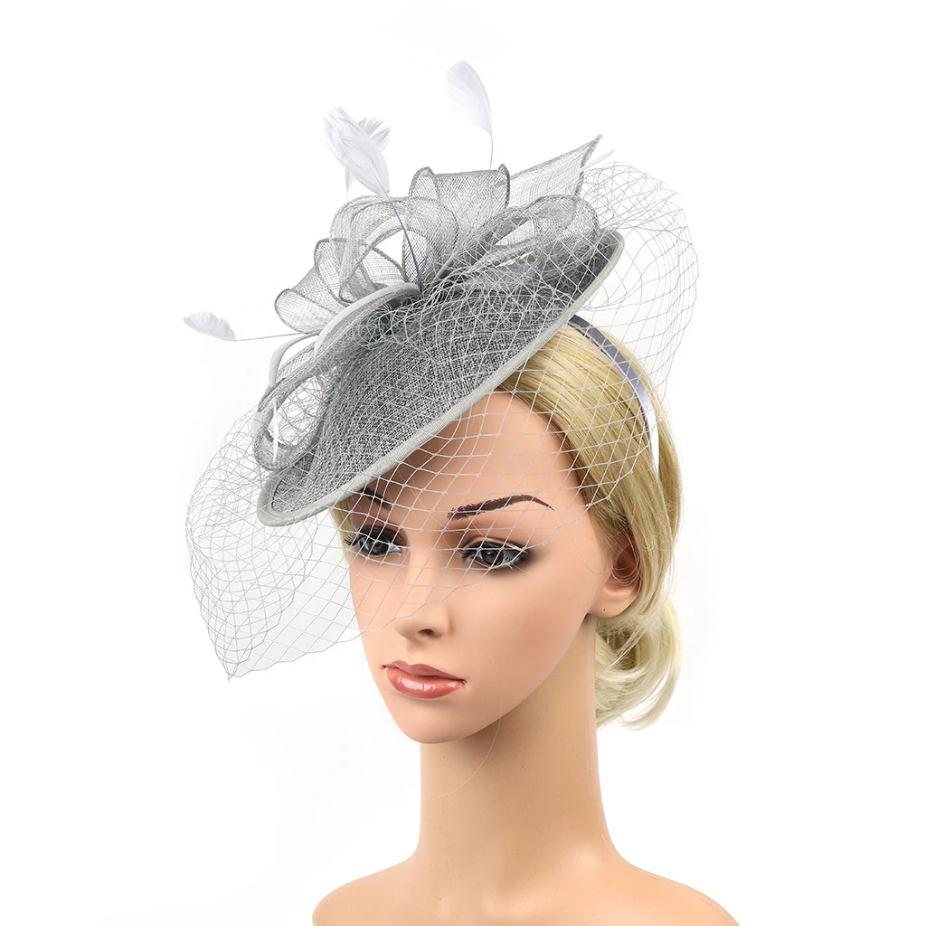 Elegant Women Ladies Sinamay Hat Feather Headband Clip Fascinator Veil Wedding Party Royal Ascot Hair Accessories