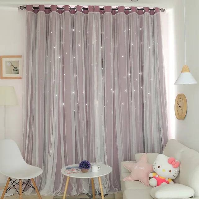 NORNE Hollow Star Thermal Insulated Blackout Curtain for Living Room Bedroom Window Drape Blinds Stitched with White Voile Purple