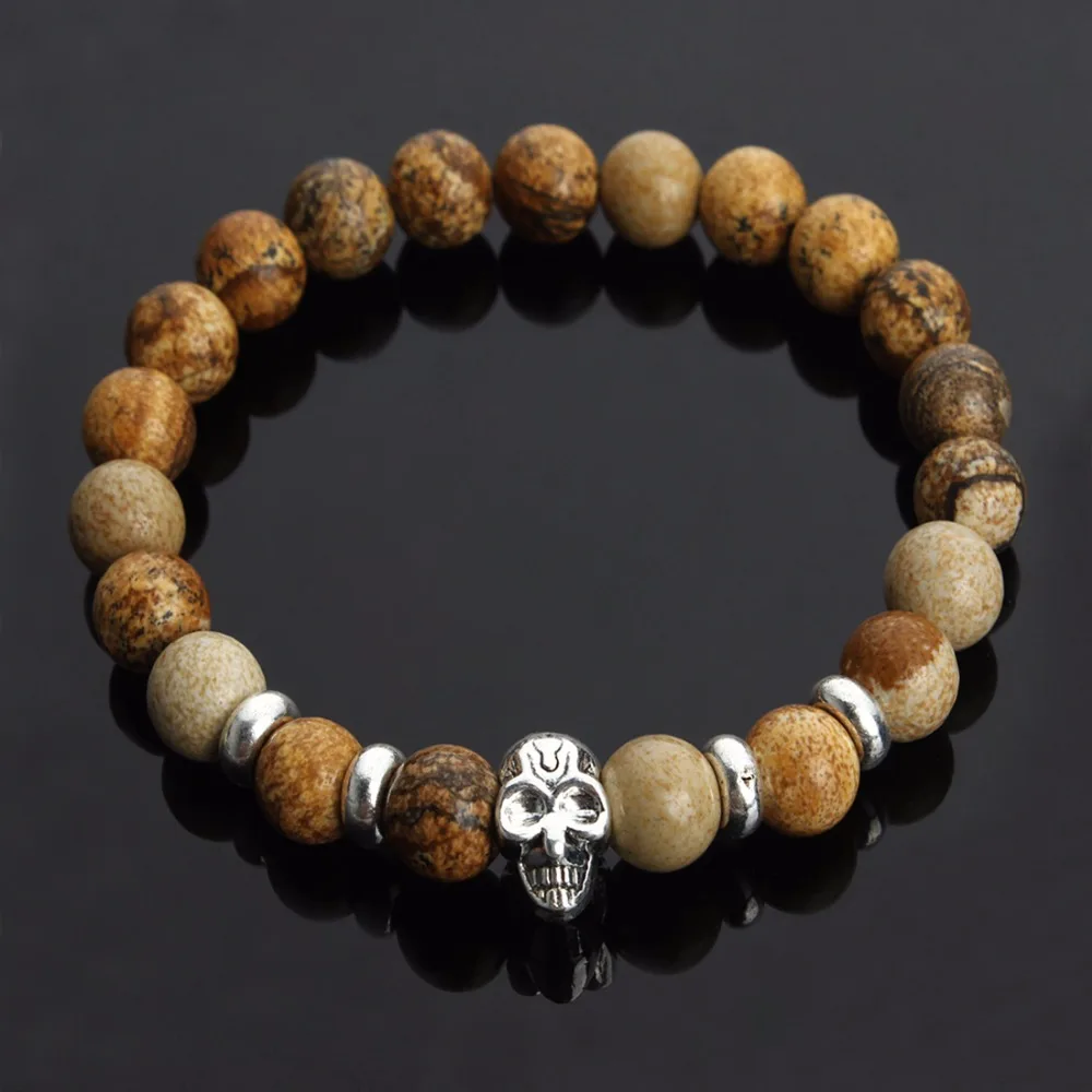 

Natural Stone Yellow Created Beads Bracelet Antique Silver Color Bracelets Kito Skull Skeleton Calavera Charm Elastic Bangle