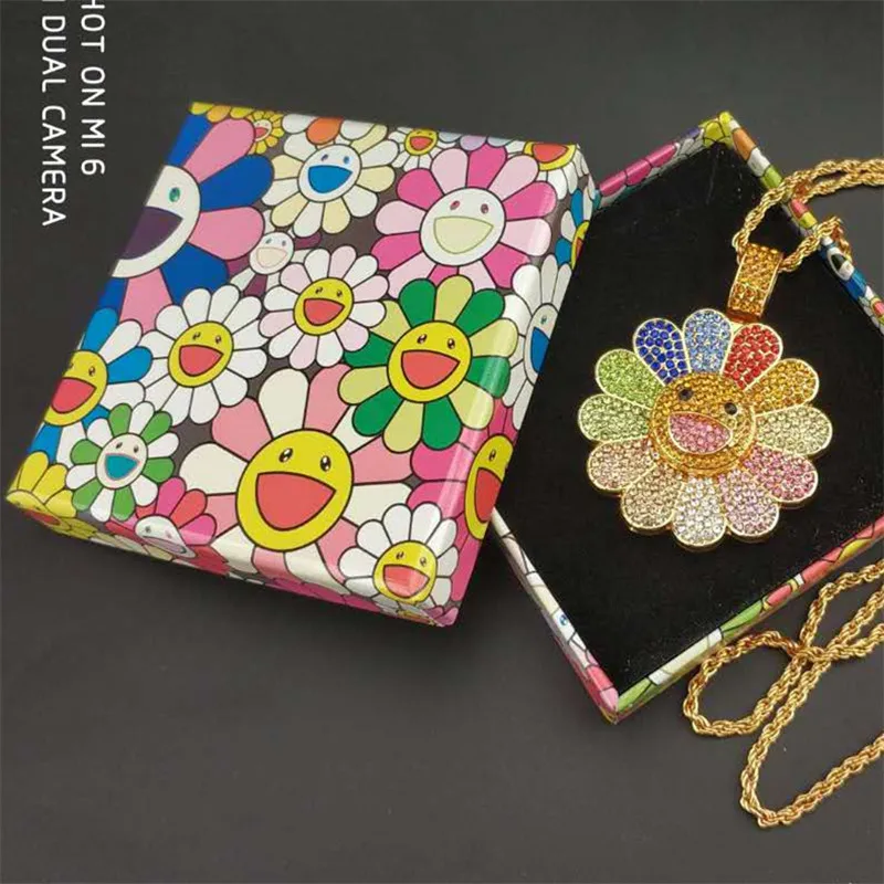 Новая мода простой классический Мураками Солнечный цветок Подсолнух Красочные лепестки смайлик можно поворачивать кулон в стиле хип-хоп ожерелье