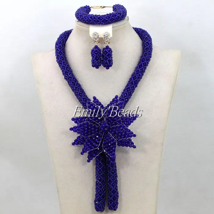 Королевские синие Африканские свадебные бусы ожерелье нигерийский костюм индийские свадебные бижутерия с бисером Набор ALJ022