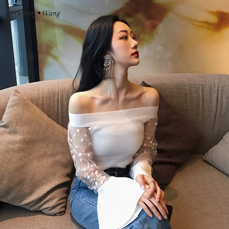 WHITNEY WANG 2019 Весна Осень Мода Уличная Сексуальная Слэш шеи точка сетки лоскутное Flare