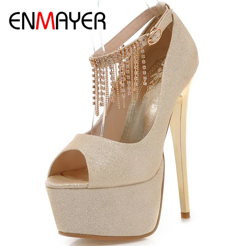 

ENMAYER New Spring Women Shoes High Heels Platforms Pumps Rhinestone Buckle Fashion Party High-heeled Sandals Sexy Wedding Shoes