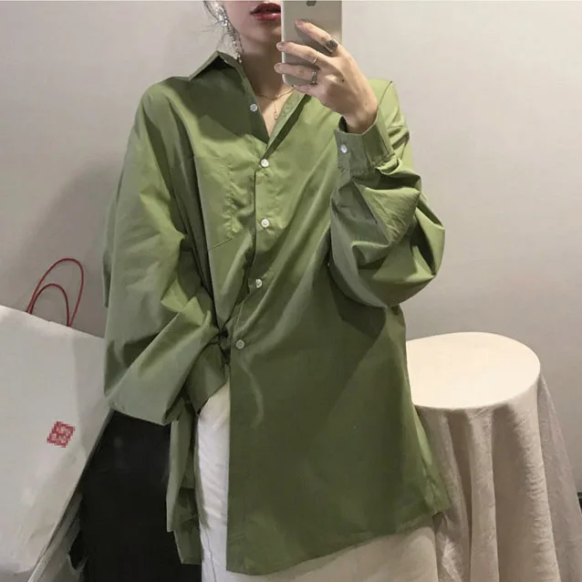

Nice Green Loose Solid Color Top Women Shirt Long Sleeve Fashion Blouse Spring Chemise Femme Chemisier Blusa Mujer Camisa