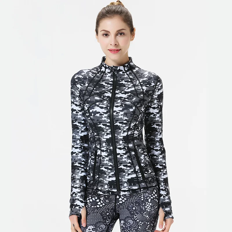Running Coats Jackets Fashion Print Zipper Thumb Hole Yoga Jacket