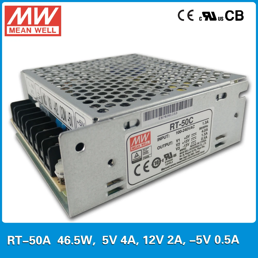 

Original MEAN WELL RT-50A 50W Triple output +5V/4A +12V/2A -5V/0.5A Meanwell three output Power Supply