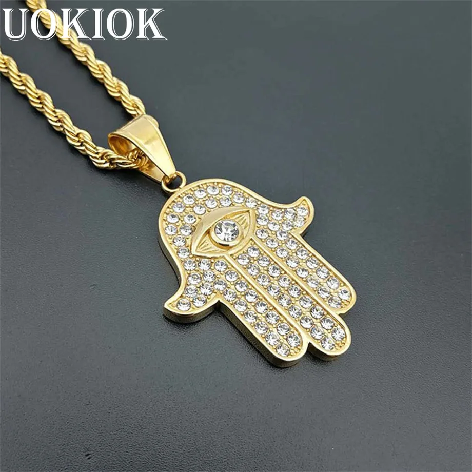 Hip Hop Iced Out Hamsa Hand Of Fatima Pendant Necklace Male Gold Color Stainless Steel Evil Eye Necklaces Arabic Jewelry U1237