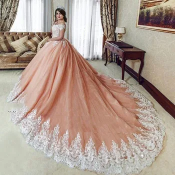 

Plus Size Wedding Gowns Off The Shoulder Appliques Lace Middle East Saudi Arabia Bridal Gowns Women Maxi Bridal Dresses Coral