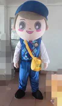 

Yellow Postman Pat Mailman Mail Letter Carrier Man Mascot Costume With Red Bag White Shirt Blue Clothes for Halloween party