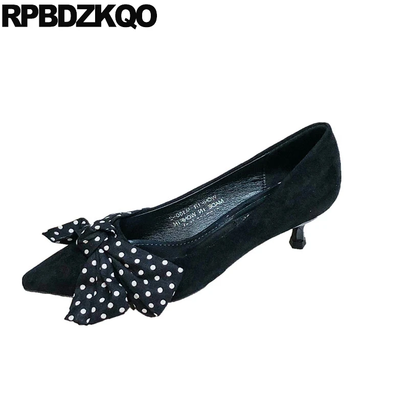 

size 4 34 plaid japanese pointed toe polka dot genuine leather new kitten medium heels suede luxury brand women shoes 2018 bow