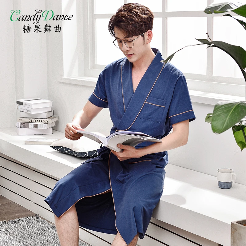 Male's robe summer 100 cotton short sleeve bathrobe medium long plus