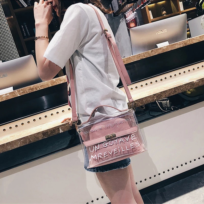 

Lady Candy Colored Jelly Pack Composite Handbag For Woman PVC Fashion Tote Lettered Summer Crossbody Shoulder Messenger Bag