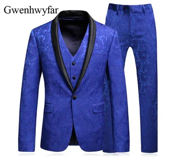 

Luxuary Blue Mens Wedding Suit 2018 Man Slim Fit Business Suit Printed Shawl Lapel Groomsmen Suits Tuxedo (Jacket+Vest+Pants)