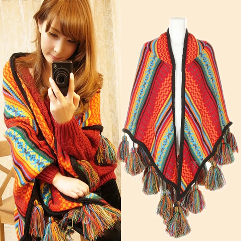 2017 New BOHO Ethnic Large Shawl Bright Color Female Warm Tassel Ball