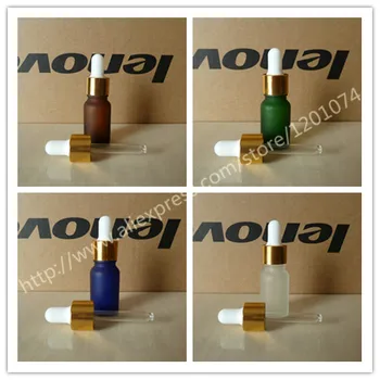 

10ml clear/blue/green/brown frosted Glass Essential Oil Bottle With aluminum shiny gold ring with white/black rubber cap.