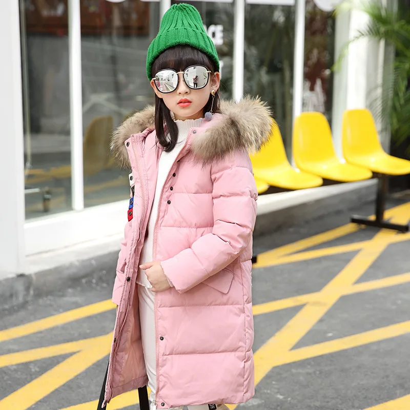 

2018 Autumn Winter Girl's Down Jacket Medium-long Girls Down Coat with Large Fur on Collar BLACK GREEN PINK 120CM-150CM