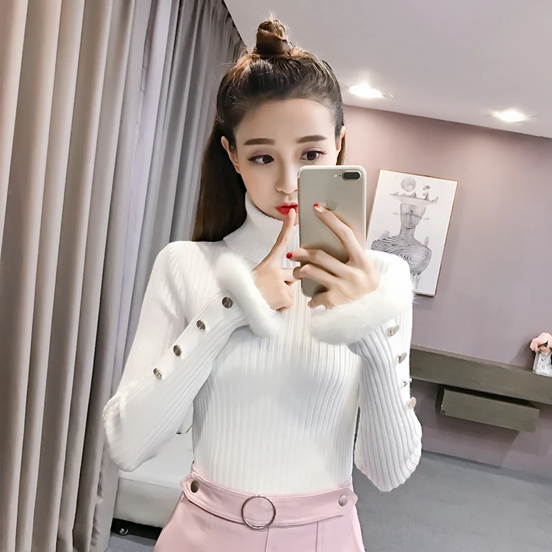 

new autumn/winter knit female turtle neck pit sleeve women pullovers knitting sweater buttons clothes casual basic top