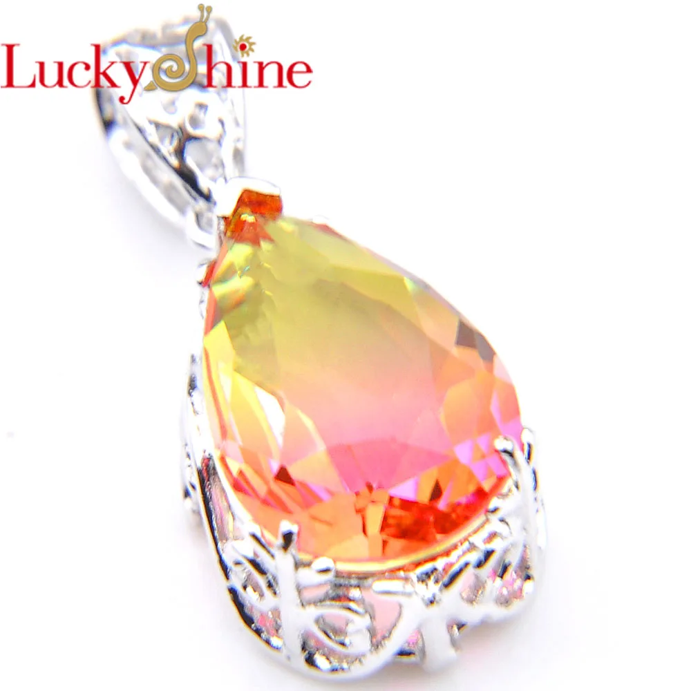 

Luckyshine Fashion Gradient Bi Colored Tourmaline Waterdrop Crystal Zirconia Silver Engagement Gift Women Pendant Necklace NEW