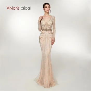 

Vivian's Bridal Luxury Beading Stripe Crystal Pattern Women Evening Dress Sexy Deep V-neck Illusion Mesh Elegant Party Dress