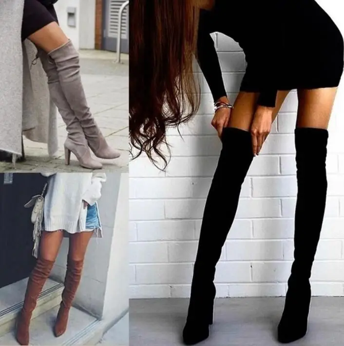 

2018 autumn and winter foreign trade new European and American pointed thick with side zipper knee boots elastic boots