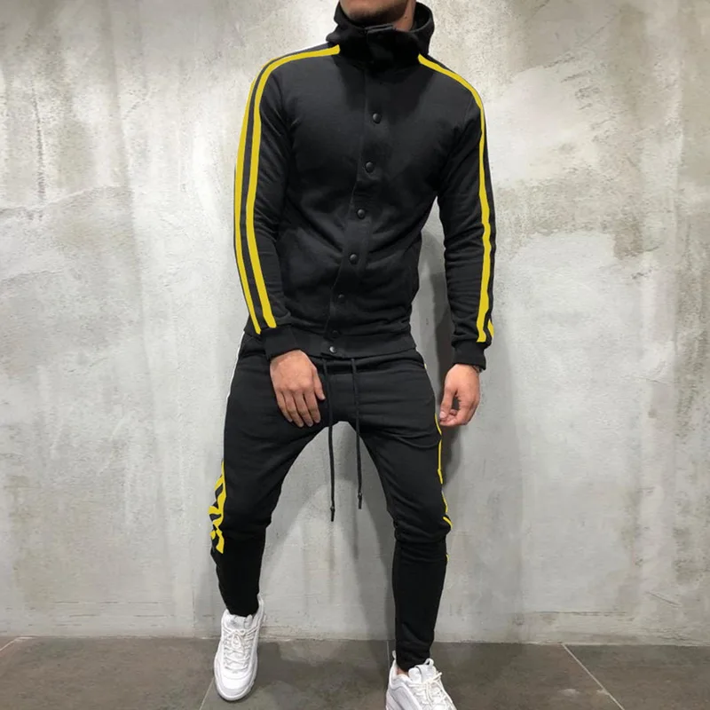 

Litthing 2Pieces Tracksuit Sets Men Sportwear Fashion Striped Button Casual Turtleneck Hooded Jackets + Sweat Pants Joggers Suit