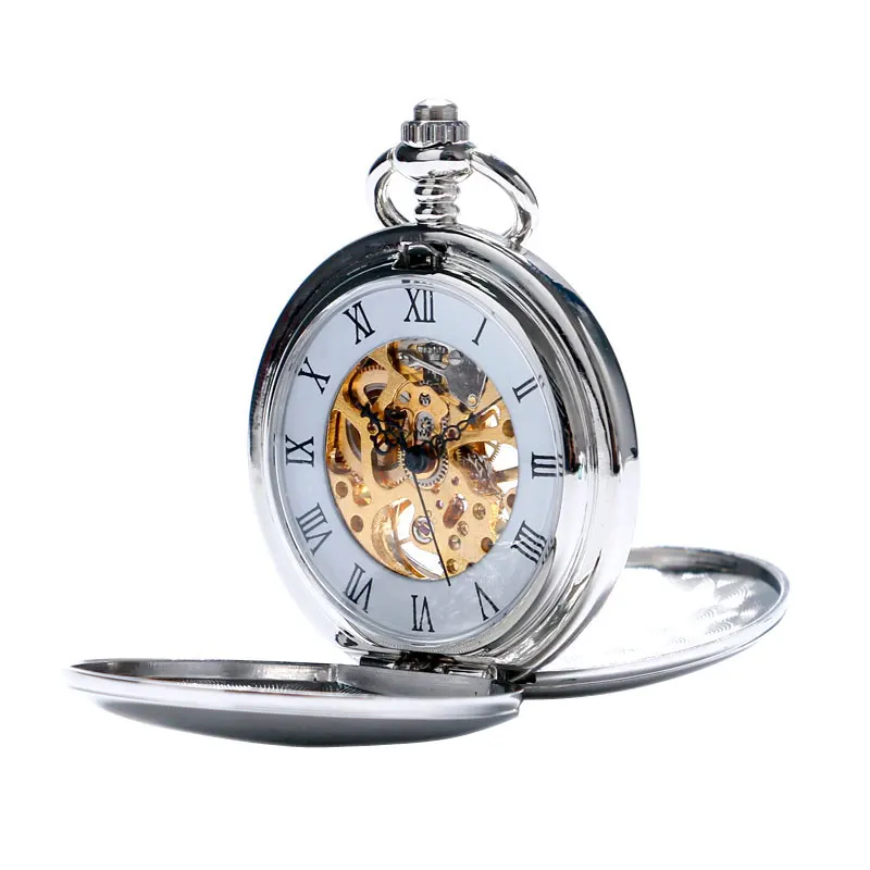 

Sliver Mechanical Pocket Watch Smooth Roman Numberal Pocket Watch with Chain Relogio De Bolso Fob Skeleton Watches