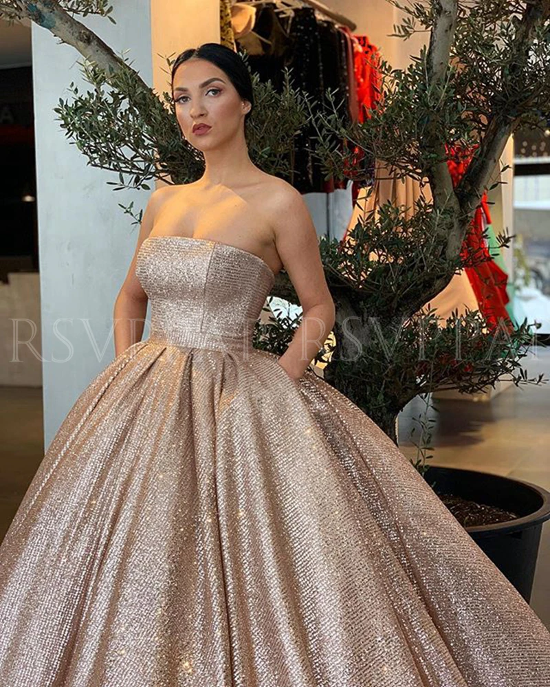 Длинные блестящие вечерние платья блестящее Пышное Бальное Платье с либоном Дизайн арабские блестки розовое золото женские вечерние платья