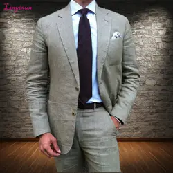 Linyixun 2018 Новый последние конструкции пальто брюки серый лен мужской костюм формальные Slim Fit Blazer летние пляжные смокинг на заказ 2 шт