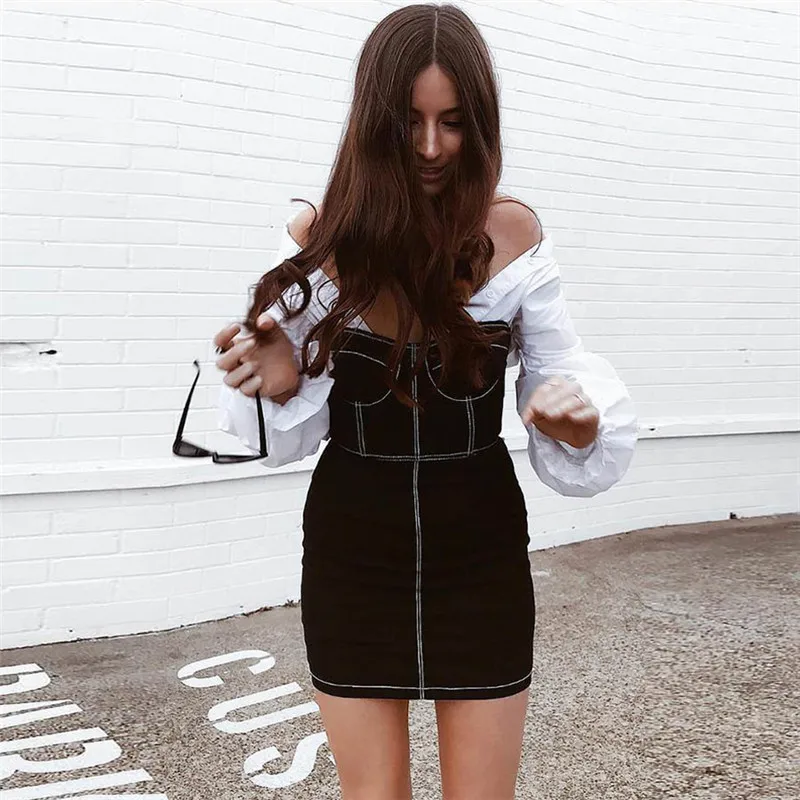 

2019 New Spring Women Sexy Black Zipper Mini Dress Striped Spaghetti Strap Strapless Party Club Dress Lady Fashion Pencil Dress