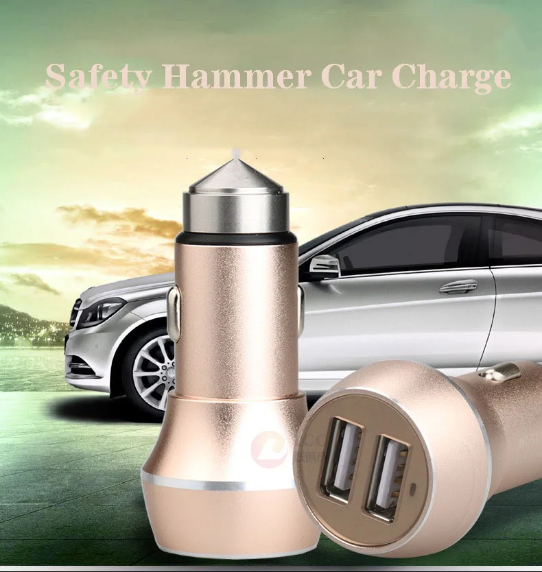 New aluminum dual usb car charger 2.4A stainless steel safety hammer multi-function | Электроника