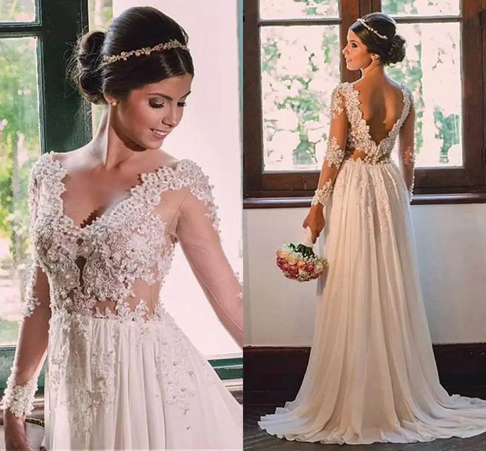 

New Lace Appliques Pearls Beach Wedding Dresses 2020 Long Sleeves Backless Boho Bridal Dresses robe de mariage Wedding Gown