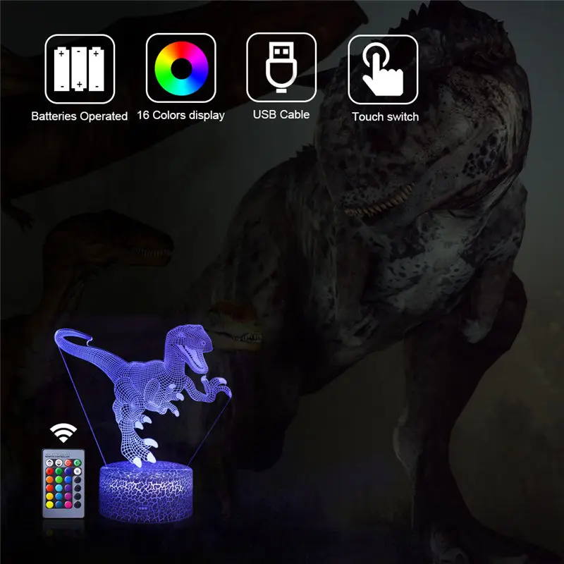 Dinosaur 3D Illusion LED Night Light 16 Color Game Table Desk Lamp Remote Touch Decor Kids Christma