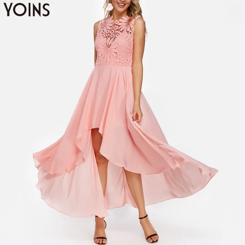 

Long Maxi Dress Women Patchwork Lace Summer Hem Sexy Sleeveless O-Neck Sundress Asymmetric Zipper Elegant Party Tanks Dress Robe