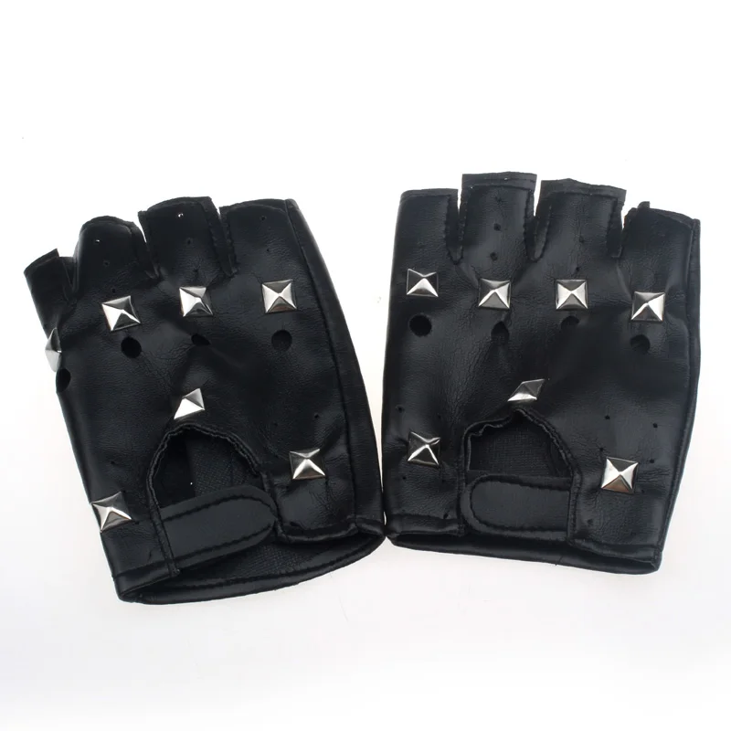 

Theatrical Punk Hip-hop PU Black Half-finger Leather Gloves Square Nail Square Nail Hot fashion hand warmer winter gloves warm