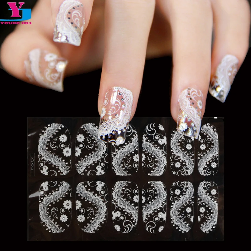 

Hot 5 sheet Transparent Nail Art Stickers White Lace Manicure Decoration Acrylic Nail Decals French Glitters 3D Nails Stickers