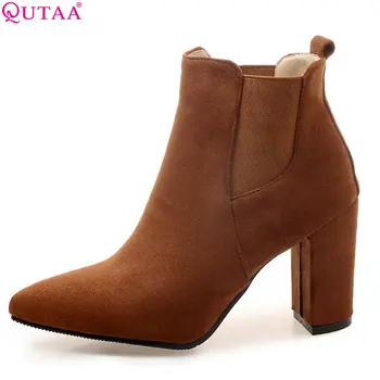 

QUTAA 2019 New Arrive Women Ankle Boots Flock Elastic Band Pointed Toe Square High Heel Winter Shoes Women Boots Size 34-43