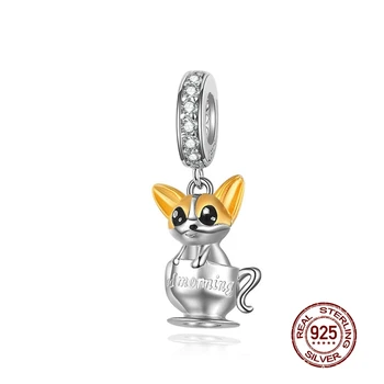 

MOWIMO 100% 925 Sterling Silver Good Morning Cat Dangle Charm Enamel Beads Fit Original DIY Bracelet Pendant Jewelry BKC1214