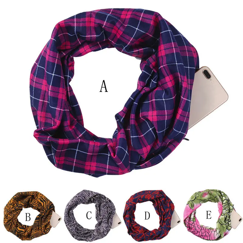 

Women Fashion Printing Winter Thermal Active Infinity Scarf With Zip Pocket women's scarves handkerchief hijab scarf 40MA01