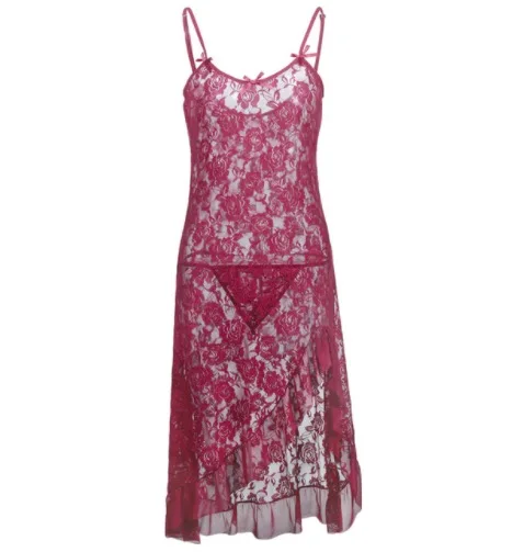 MILLYN S-6XL женское платье большого размера+ стринги сексуальное белье длинная кружевная ночная рубашка Прозрачное нижнее белье платья для сна - Цвет: rose red