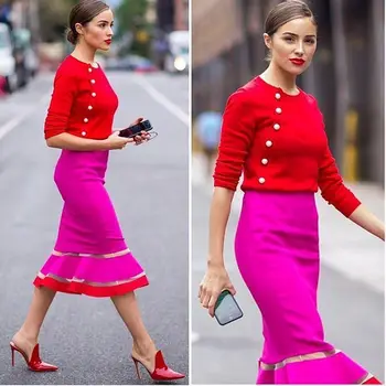 

High Quality Red Orange Long Sleeve Geometric Rayon Bandage Dress Homecoming Party Dress