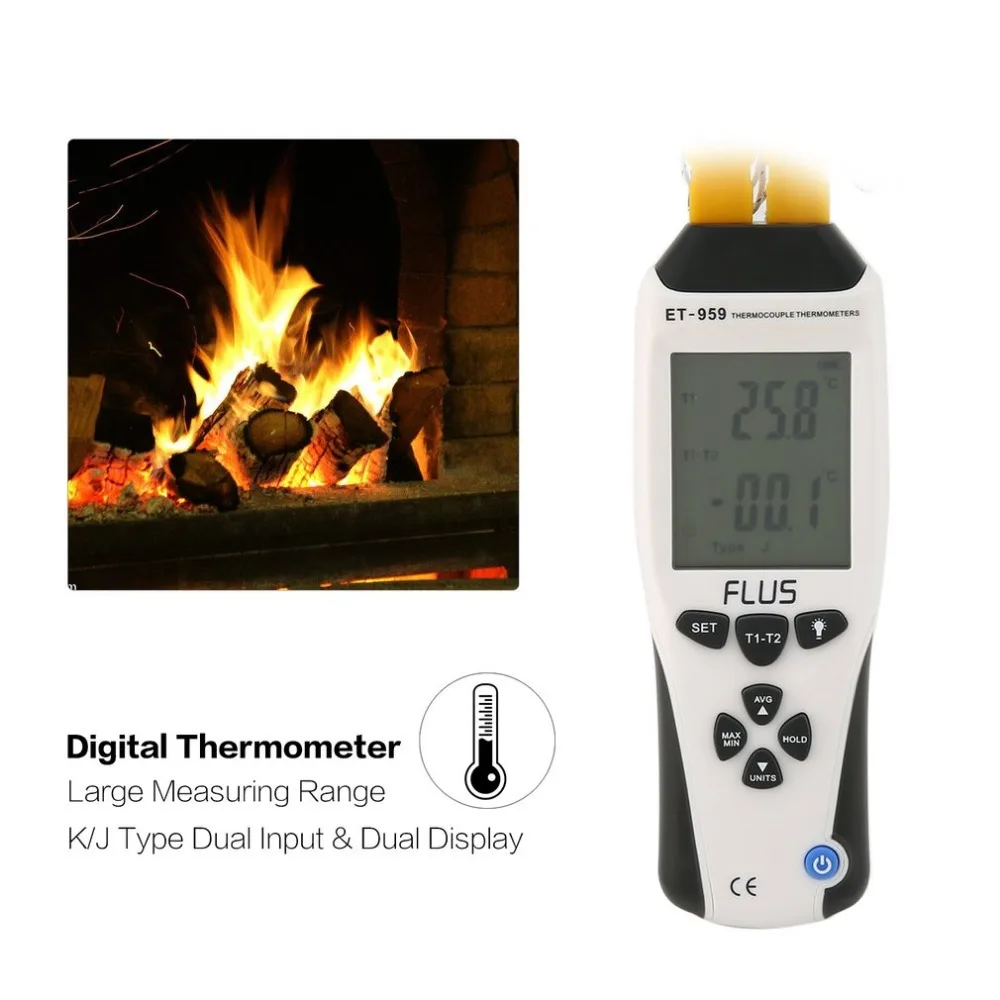 

FLUS ET-959 Digital Dual K-type J-type Thermocouple Thermometer Contact Temperature Meter LCD Handheld Tester Pyrometer